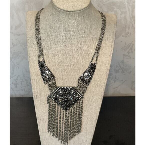 Vintage Bohemian Silver Fringe Statement Necklace - Picture 1 of 5